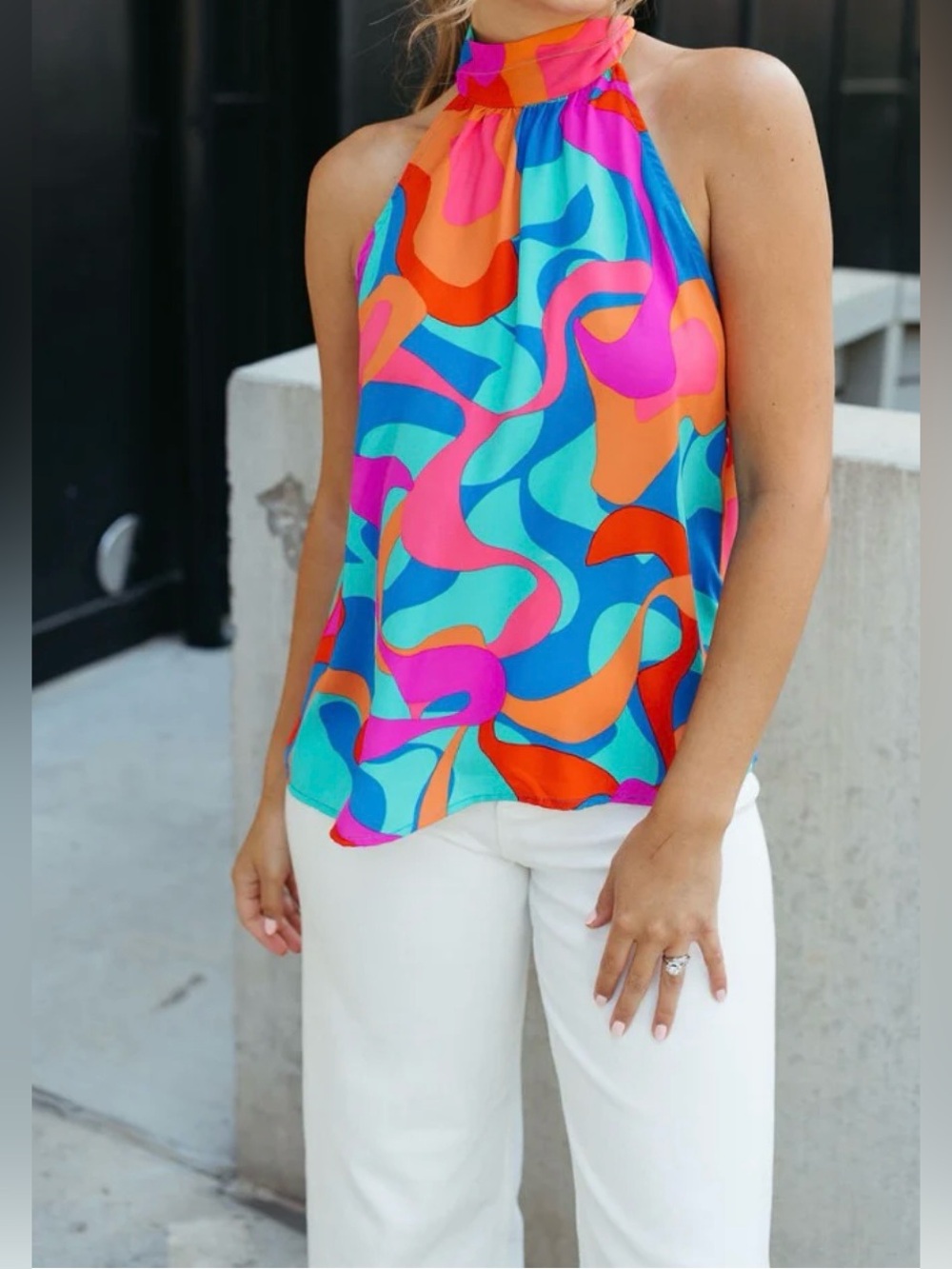 NEW Abstract Wave Halter Tank Top in Blue, Pink & Orange - Picture 7 of 13